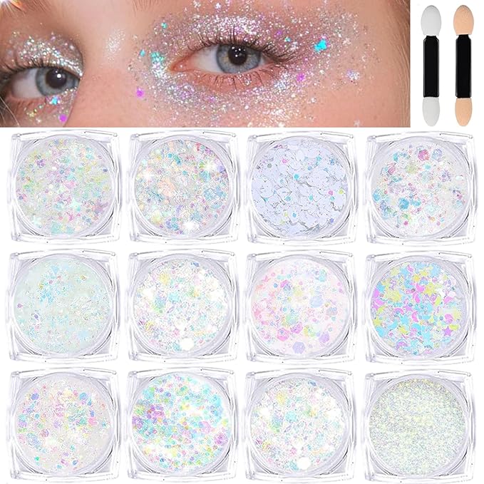 Body Glitter Face Glitter, Hair Glitter for Kids, 12 Shapes Fine Chunky Glitter Gel for Women Girls Makeup Sparkles Party Mermaid Sequins Rave Accessories Singer Concerts Festival (White Scheme)