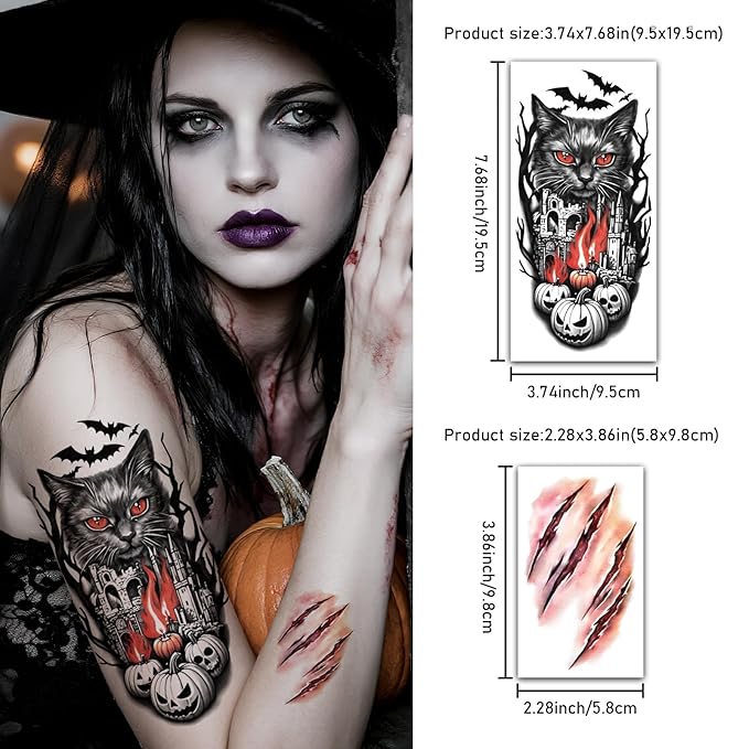 77 PCS Halloween Temporary Tattoos Adult Kids, 17 PCS Half Arm Pumpkin Bat Crow Witch Skull Fake Tattoos, 60 PCS Spider Cat Ghost Scar Tiny Realistic Face Body Tattoos Stickers for Halloween Costume