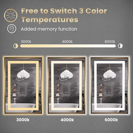 Amorho 40"X36" LED Bathroom Mirror, Gold Metal Framed Mirror with Front Light and Backlit, Stepless Dimmable, Anti-Fog, Shatter-Proof, Memory, 3 Colors