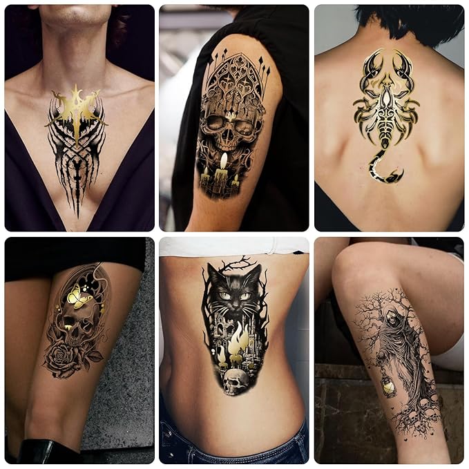42 Sheets Gothic Temporary Tattoo, 12 Sheets Metallic Skull Cat Snake Spider Crow Half Arm Scary Fake Tattoos for Adults Men Women, 30 Sheets Small Tattoos Stickers for Party Supplies