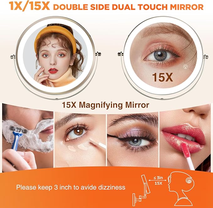 15x Wall Mounted Makeup Mirror, 8" Rechargeable Double-Sided Magnifying Mirror, 3 Color Lights for Makeup,365°Swivel for Shaving - Nickel
