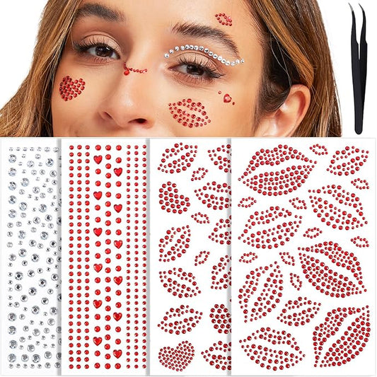 YGDZ Face Gems Self-Adhesive Face Jewels Stickers, Red Lip Hair Gems, Festival Kiss Jewels, Face Rhinestone Stickers for Makeup, Eye, Hair, Body, Rave Accessories, Stick on Gems for Kids, Women