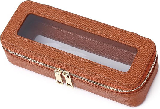 Pinkmik Makeup Brush Case Clear Travel Cosmetic & Toiletry Bag Small Makeup Bag with Zipper Purse Organizer Car Essential Bag for Women (X/Brown, SLIM)