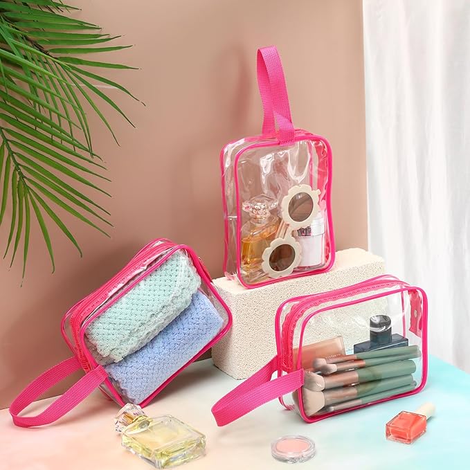 Silkfly Clear Toiletry Bag PVC Travel Cosmetic Bag with Handle Strap Makeup Pouch with Zipper Summer Vacation Salon Graduation Gift End of the Year Gifts(Rose Pink,24 Pack)