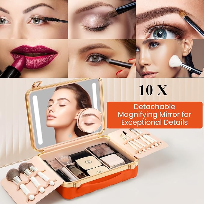 Makeup case with Light up Mirror Rechargeable with smart storage, Three light mode Mirror (Acrylonitrile Butadiene Styrene, Orange)