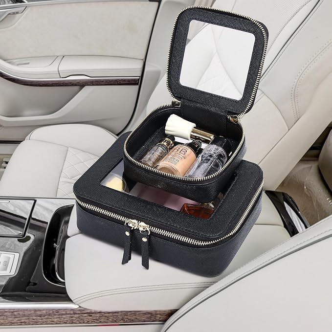 Pinkmik Clear Makeup Bag Waterproof Travel Case for Cosmetics and Toiletries Women's Purse Organizer and Clear Car Bag with Zipper (Black, M+MINI)