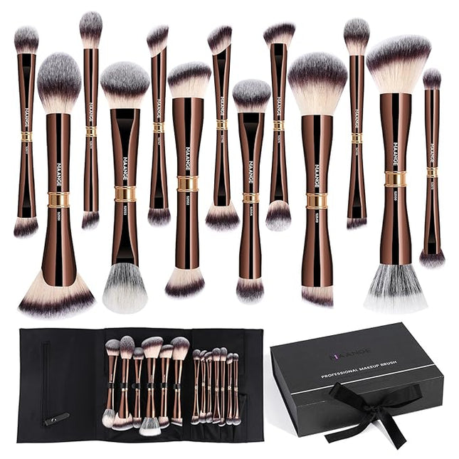 MAANGE Makeup Brush Set with Case Double-ended Makeup Brushes for Foundation Contour Liquid Powder Concealer Eye Shadows Cream Cosmetics Blending Blush Makeup Tools (Coffee Brown, 13 PCS)