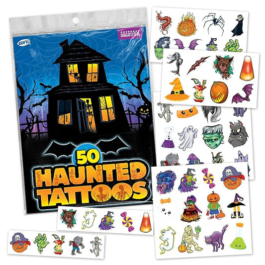 Assorted Halloween Temporary Tattoos – Spooky Designs for Kids & Adults, Includes Ghosts, Pumpkins, Bats, Skulls & More, Non-Toxic Party Favors & Trick-or-Treat Handouts