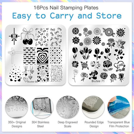Biutee Nail Stamper Kit 16Pcs Nail Art Stamping Plate 8 Colors Stamp Polish Gel Silicone Stamper Scraper with Storage Bag, Nail Stamp Plates Love Flower Butterfly Leaf Template Valentine Design Gift