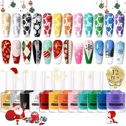 Born Pretty Nail Stamping Polish, Fingernail Stamp Polish Set Manicure Print Nail Polish for Plates 12 Colors Bulk Gift Collection 10ml 0.34fl oz Ideal Gifts