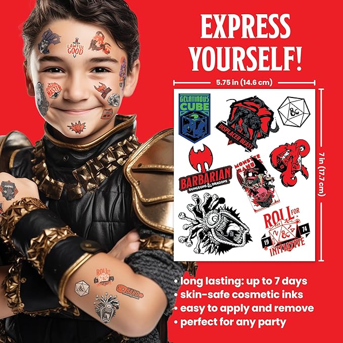 Savvi - 50 Dungeons & Dragons Temporary Tattoos: Skin-Safe Ink, Great for Birthday Parties and Game Nights, Boys and Girls Ages 4-12+, Made in the USA [6 sheets, 50 count]