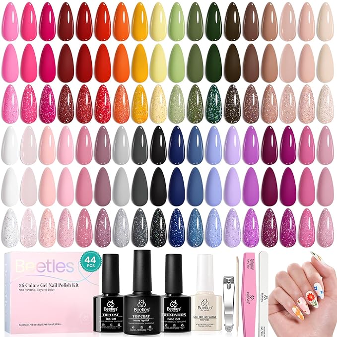 beetles Gel Polish 44pcs Fall Gel Nail Polish Set 36 Colors Brown Burgundy Red Blue Purple Orange Green Black Nude White with Base Coat Glossy Matte Glitter Top Coat Gifts for Women Colorful Muse