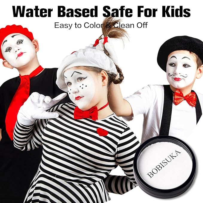 BOBISUKA Clown White Face Body Paint, Water-Based Face Painting Kit & Body Paints, Kids Adults Facepaint for Halloween Goth Skeleton Mime Ghost SFX Makeup, Costume Cosplay Party Art Theater & Stage