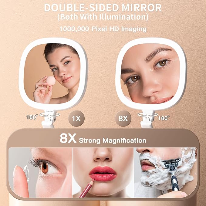 6.3'' Makeup Mirror with Magnification, 1X/8X Magnifying Vanity Mirror with 3 Light Modes, Rechargeable Double-Sided LED Lighted Mirror, Adjustable Height & Folding Stand Mirror for Women