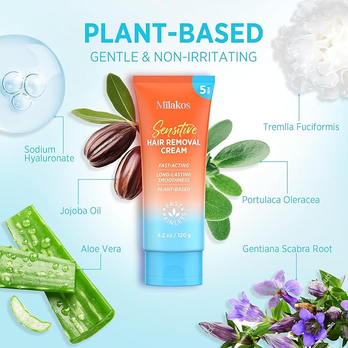 Hair Removal Cream for Women – Painless Sensitive Skin Depilatory for Legs, Arms, Bikini Line & Underarms – Natural Aloe, Chamomile & Vitamin E for Smooth & Nourished Skin