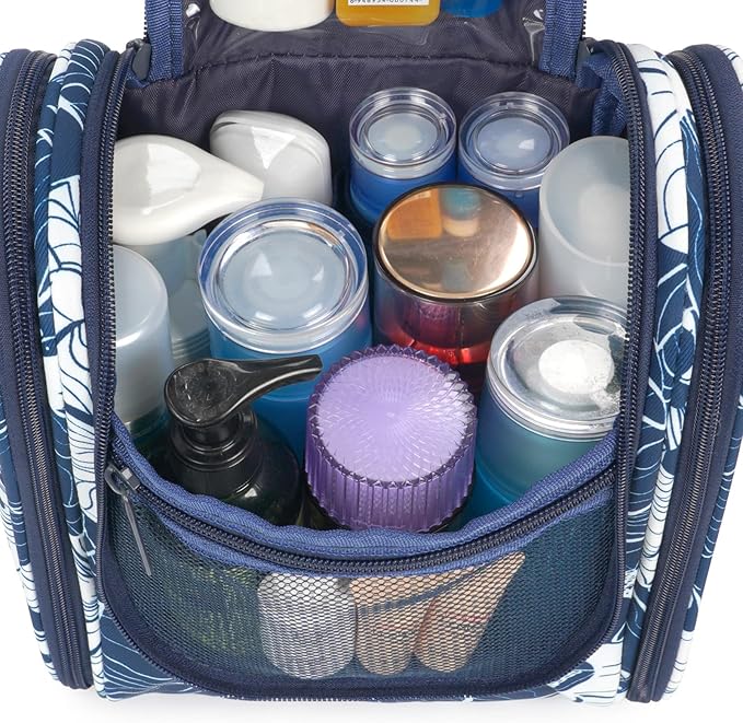 Narwey Small Hanging Travel Toiletry Bag Cosmetic Make up Organizer for Women and Men (Medium, Blue Lotus)