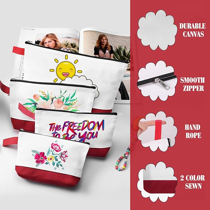 10 Pieces Cotton Canvas Makeup Bag with Bottom and Strap, Multi-Purpose Cosmetic Bag with Zipper Travel Toiletry Pouch, Blank DIY Craft Bag (White&Red, S)