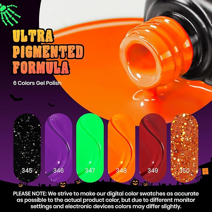 Beetles Halloween Gel Nail Polish Set - Hocus Pocus 6 Colors Gel Polish Kit, Orange Green Purple Black Red Glitter Fall Colors, Soak Off Nail Lamp UV LED Cured Nail Art Design Manicure Gift for Women
