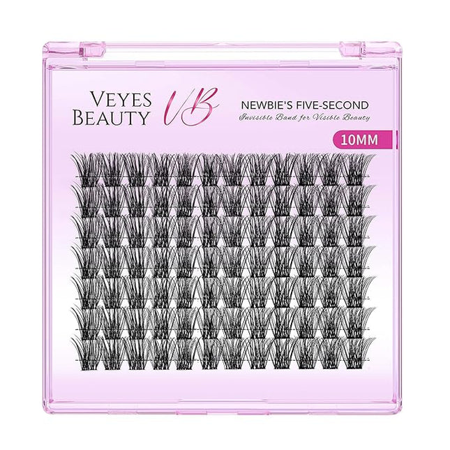 VEYESBEAUTY Lash Clusters Individual Eyelash Extensions Thin & Invisible Band DIY False Eyelashes for Self-application Newbie's Five-Second Series Wispy Lash Tray, Bomb 10mm Single Length