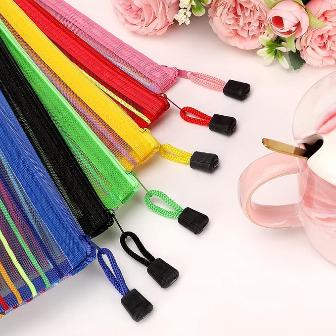 12 Pieces Zipper Nylon Mesh Pouch, Mesh Cosmetic Bags Makeup Bags Pencil Case, Multipurpose Travel Bags for Cosmetic School Office Supplies and Travel Accessories (Multicolor A, Assorted Sizes)