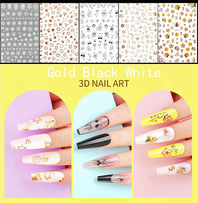 Teenitor 12 Sheets Nail Art Sticker Self-Adhesive, Flower Nail Stickers 5D Embossed Nail Decals, 5 Boxes Nail Glitter Sequins Flakes, Nail Art Design Tools Self Adhesive