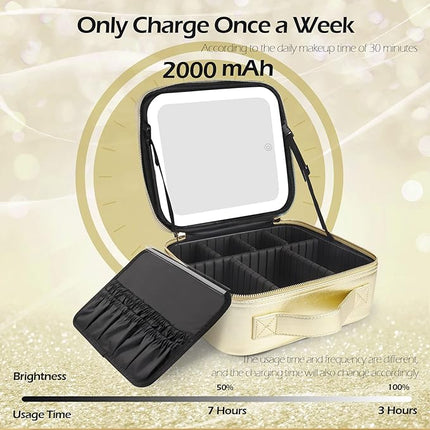 MOMIRA Travel Makeup Bag Cosmetic Bag Makeup Organizer Bag with Lighted Mirror, Adjustable Brightness in 3 Color Scenarios, Waterproof Makeup Train Case, Gift for Women - Golden