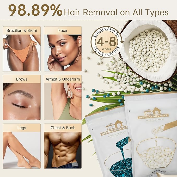 Lifestance Waxing Kit for Women & Men - White L2 Digital Warmer, Silicone Wax Pot Liner, Hair Removal Kit with 14.1oz Hard Wax Beads & Oil Spray, Professional for Home Brazilian Bikini Face Leg Body