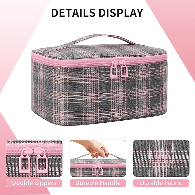 OCHEAL Makeup Bag for Women - Travel Cosmetic Organizer with Brush Slot & Divider, Large Capacity Toiletry Bag for Girls, Travel Makeup Case for everyday Make up Accessories -Pink Plaid