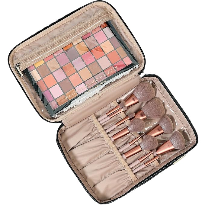 NISHEL Large Double Layer Travel Makeup Bag Women, Cosmetic Case, Organizer for Travel-Size Accessories Bottles, Brushes, Conditioner, and Skin Care Products, Black