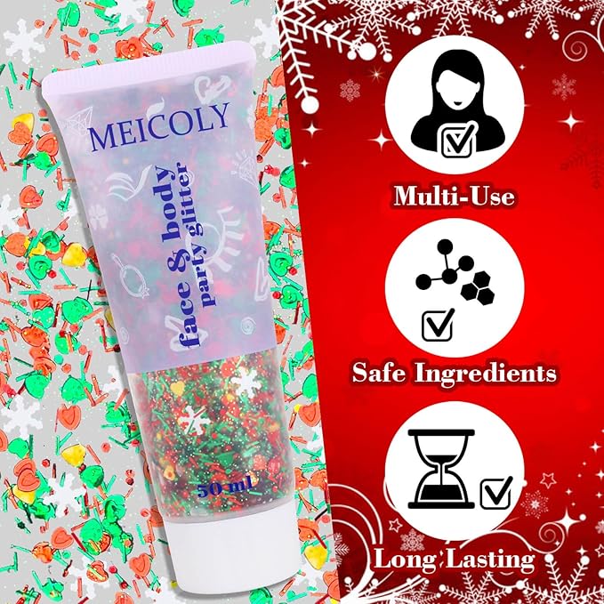 Christmas Makeup,MEICOLY Christmas Face Body Glitter Gel,Christmas Stocking Stuffers Gift Decorations,Festival Hair Glitter for Women Kids Girls,Chunky Sparkling Sequins Glitter Face Paint