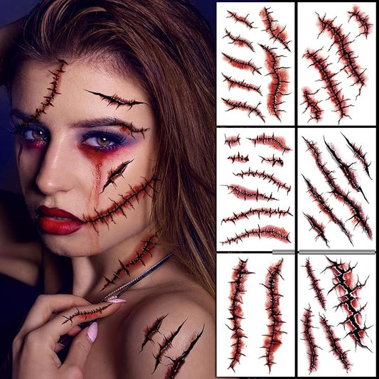 JCFIRE 12 Sheets Body Face Fake Scar Halloween Makeup Kit, Halloween Temporary Tattoos for Kids Adults, Zombie Costume Women Kids Stickers, Party Decorations Supplies Accessories