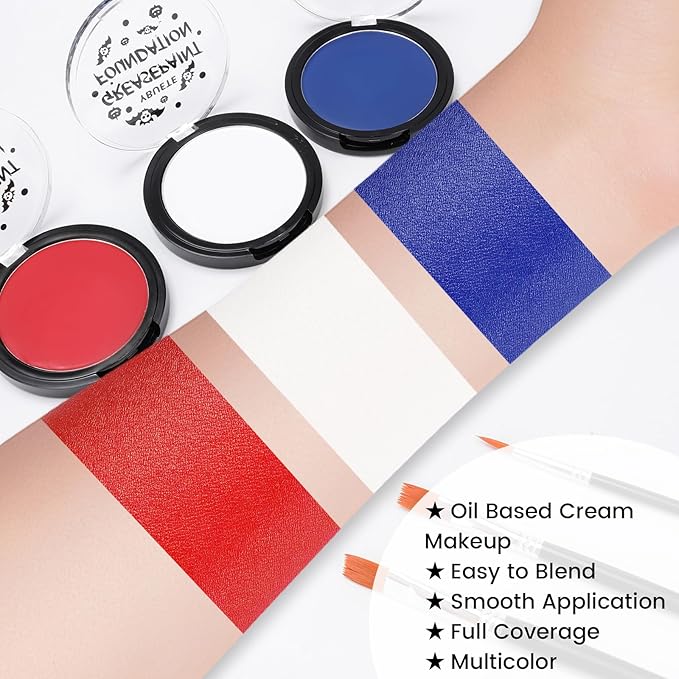 Red White Blue US Flag Oil Based Face Paint Kit with Painting Brushes, Full Coverage Greasepaint for 4th of July USA Independence Day America's Patriotic Veterans Events,Halloween Joker Cosplay