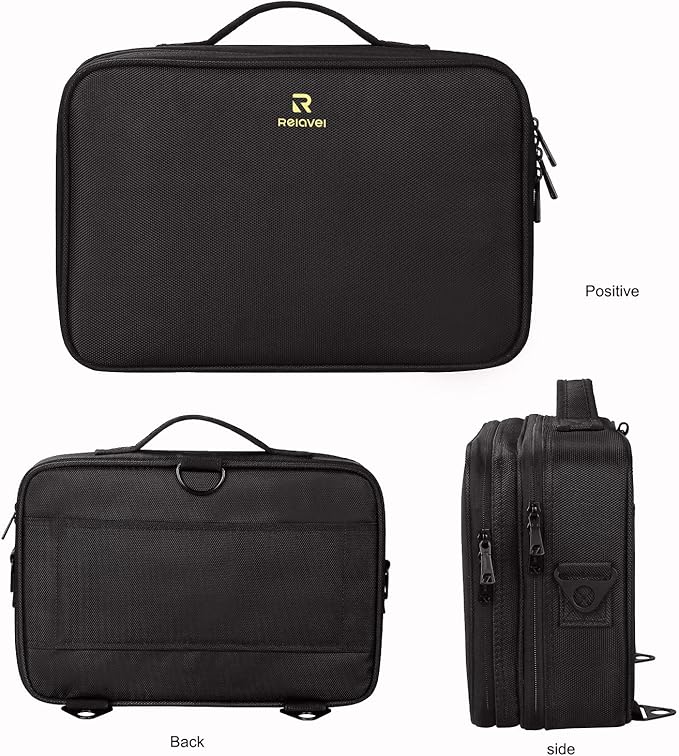 Relavel Makeup Bag Travel Makeup Train Case 13.8 inches Large Cosmetic Case Professional Portable Makeup Brush Holder Organizer and Storage with Adjustable Dividers and Shoulder Strap Black