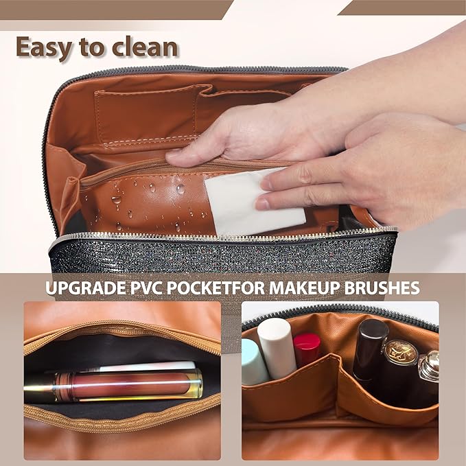 Makeup Bag for Women Travel Cosmetic Bag Toiletry Oraganizer Case Bag Travel Essentials Portable Pouch with Waterproof Large Capacity PU Leather Lining