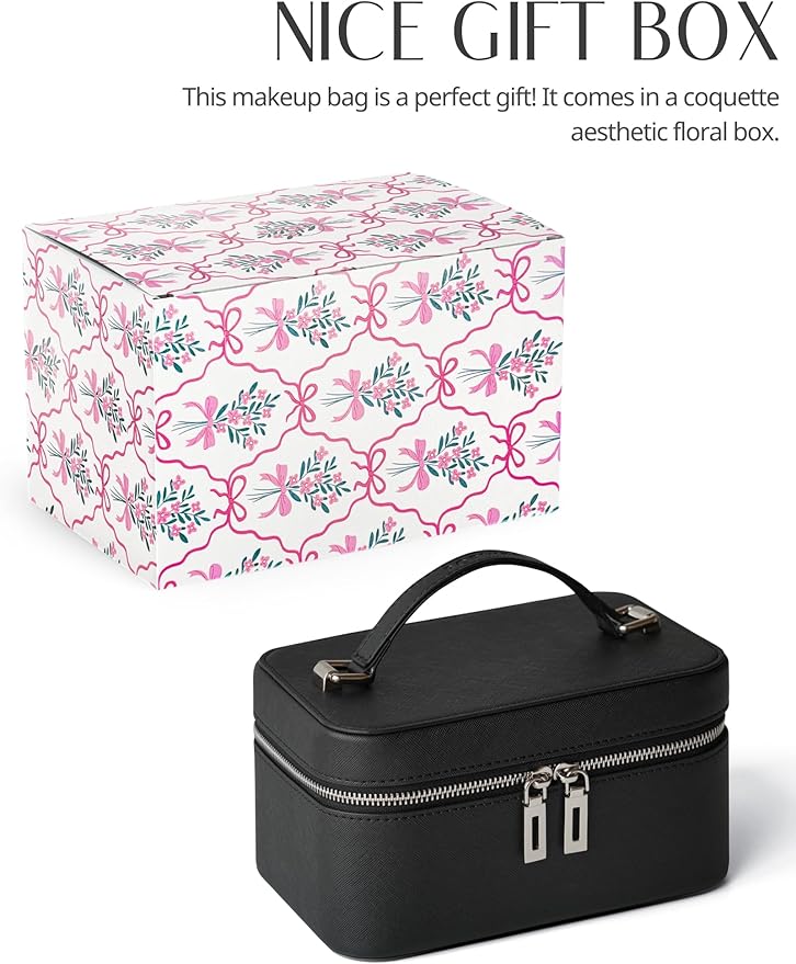 Popvibe Travel Makeup Bag with LED Mirror, Compact Make Up Vanity Case with Brush Storage and Top Handle, Light Up Makeup Case Traveling Leather Cosmetic Bag, Portable Medium Sized Train Case, Black