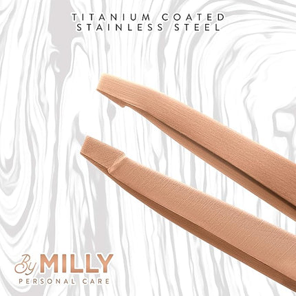 Professional Slanted Tweezers for Women and Men | High Carbon Stainless Steel Sharp Tweezer | Tweezers for Women Facial Hair Plucking, Hand-Filed & Aligned Precision Tips - Rose Gold