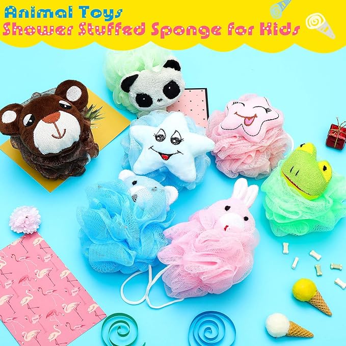 Boao 8 Pieces Kids Bath Loofahs Animal Bath Sponge Cartoon Shower Loofahs Cute Pouf Mesh Body Loofah Colorful Body Scrubber Shower Balls for Boys Girls Adults