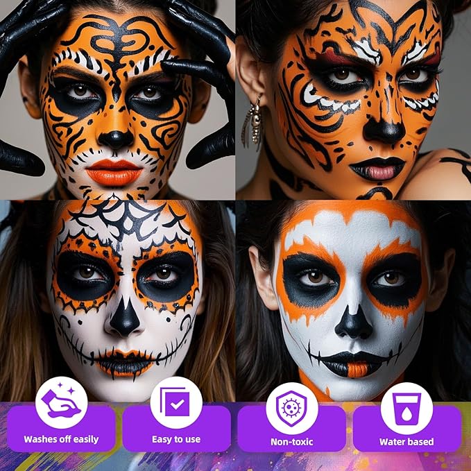 2Pcs Face Body Paint, Professional Paint for Halloween Cosplay Costume Party, Full-coverage Multi-Color Cream Makeup Body Paint for Adults Halloween Cosplay SFX Makeup Paint (Orange+Black)
