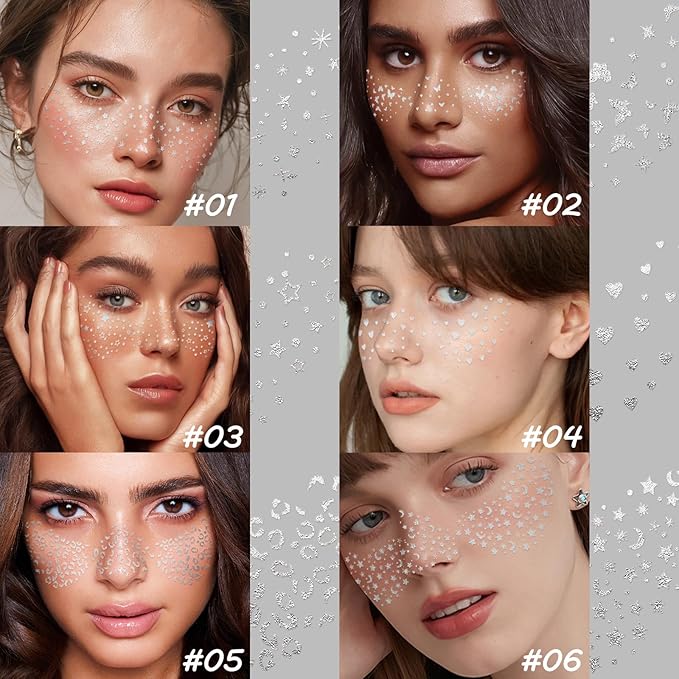 10 Sheets Glitter Freckle Tattoo, Silver Glitter Face Makeup Speckles, Eyes Makeup Accessories Temporary Tattoo for Women and Girls, Cosmetic Freckle for Face