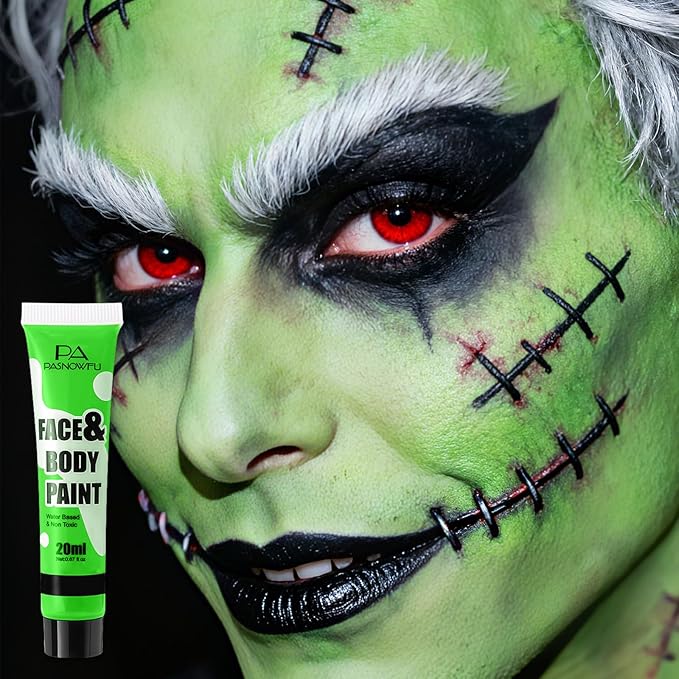 Light Green Face Paint - Professional Water-Based Non-Toxic Body Painting for Hulk, Witch Halloween SFX Cosplay, Full Coverage Washable Paint for Costume Party Carnival Stage Performance