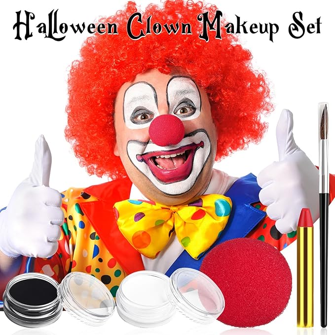 Halloween Joker Clown Makeup Kit, Black White Face Body Paint + Red Nose, SFX Makeup Set for Teens and Adults Art Costume