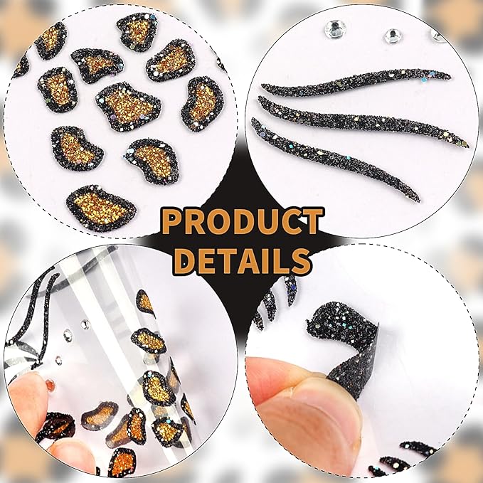 Face Stickers Gems Halloween Temporary Tattoo Sticker Animals Face Sticker Decal Body Face Self-adhesive Sticker Stage Makeup Party Cosplay Decoration 2pcs (cheetah)
