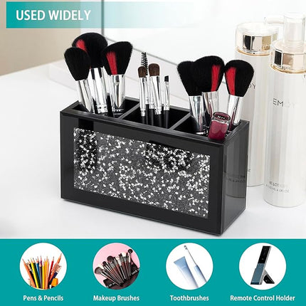 SHYFOY Black Makeup Brush Holder Organizer, 3 Slots Glass Cosmetic Brushes Storage Holder with Crushed Diamond, Pencil Pen Holder for Desk, Desk Organizer and Accessories for Vanity