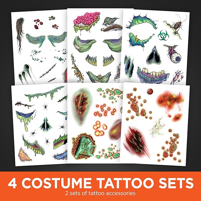 Zombie Face Temporary Tattoos – 25 Pack | Realistic Halloween Costume Makeup, Scars, Wounds & Blood FX, Easy to Apply & Remove, Waterproof, Skin-Safe