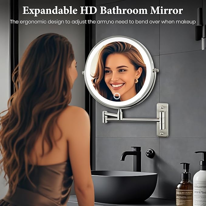 9" Large 15X Rechargeable Wall Mounted Lighted Makeup Mirror Nickel, 5000mAh HD Magnifying Mirror with 3 Color Bright Lights Touch Screen Dimmable, 17" Extendable 360° Swivel Bathroom Vanity Mirror