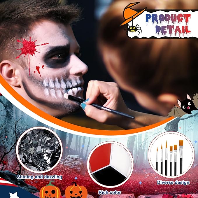 16 Pcs Halloween Face Paint Kit Red White Black Face Paint Kit with Glitter Makeup Brush Sponges for Halloween Cosplay Party Supplies
