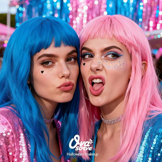 HQ Joker Freckles Face Tattoo - Pink & Blue Temporary Tattoos with Sinister Smiles | Waterproof Face Makeup for Halloween Costume, Zombie Party & Cosplay (8 Sheets)