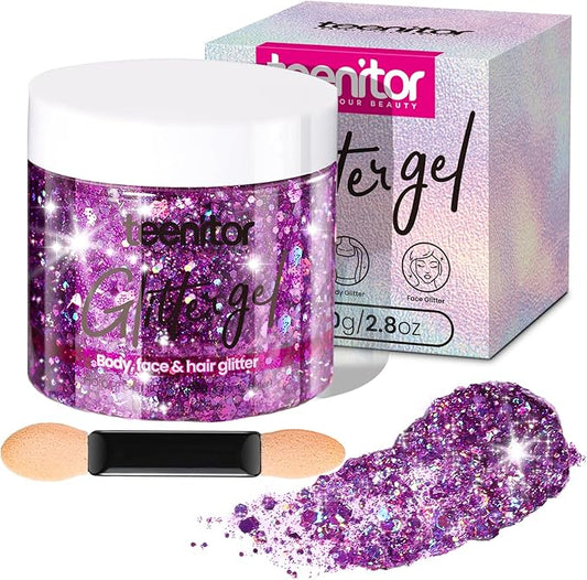 Teenitor Body Glitter, Face Glitter, Hair Glitter Gel, 80g/2.8oz Makeup Rave Purple Glitter Gel for Face and Body