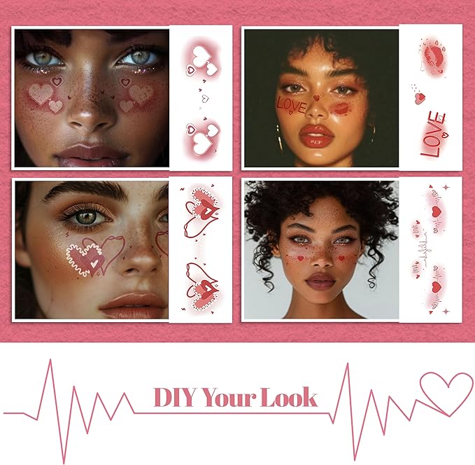 LALACE Face Glitter, Pink Body Glitter Gel - Long-Lasting Holographic Glitter for Hair, Face, Body, Shimmer Eyeshadow, 8PCS DIY Heart Love Temporary Tattoos, Valentine's Day Gifts for Girlfriend