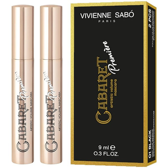 Vivienne Sabó Cabaret Premiere Black Mascara, Volume and Length, Defining, Curling, No Flaking, No Clumping, Smudge Proof, Washable, Cruelty-Free, Made in Europe, (01 Black), 0.6 Fl Oz, 2 Pack